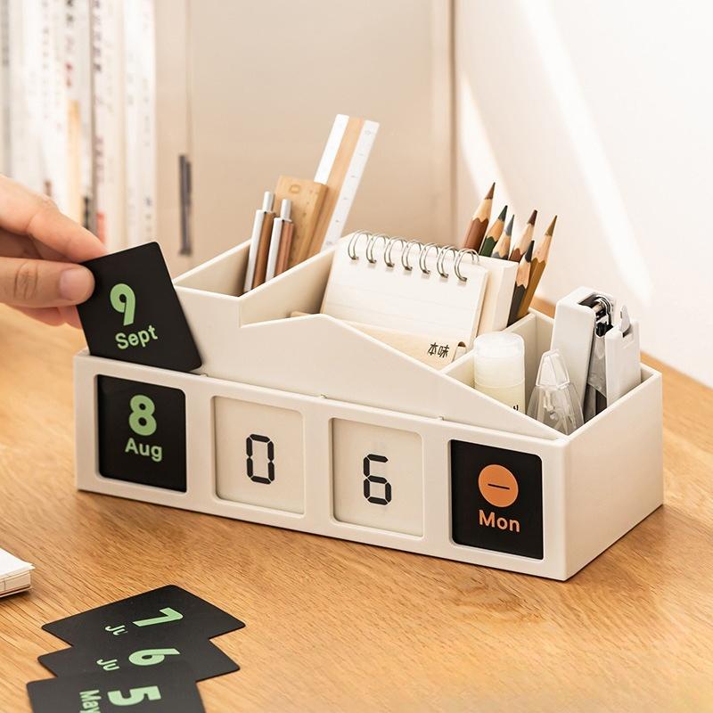 Multi Functional Creative Perpetual Calendar Pen Holder, Desktop Large Capacity Partitioned Ornament Pen Holder