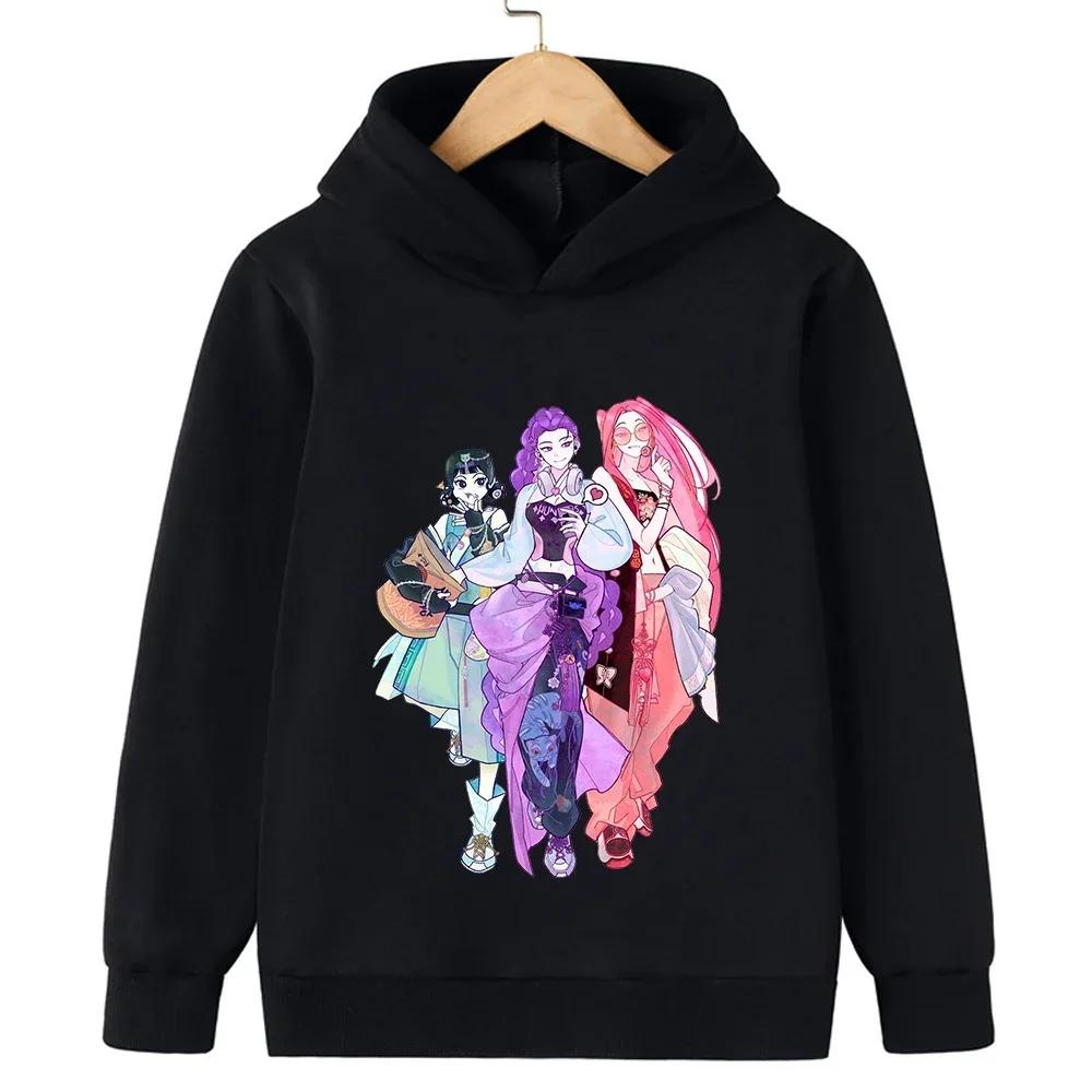 Korean-style KPop Demon Hunter Cartoon Girl Hoodie, Autumn Warmth, Trendy Fashion Casual Pullover for Kids