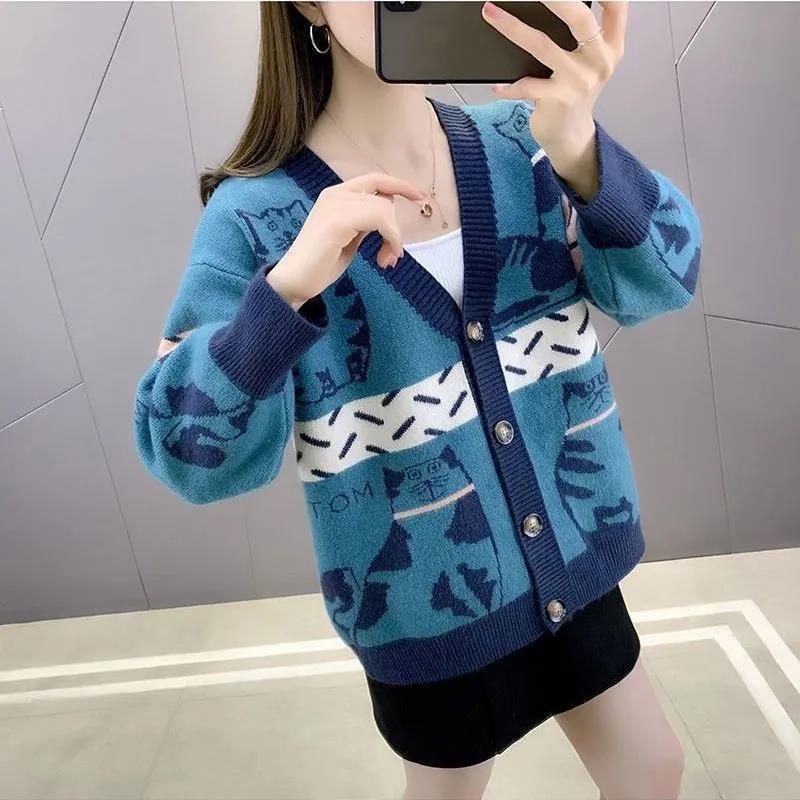 Autumn and Winter Loose Knitted Sweater Versatile Wear Fashion Casual Cartoon Kitten Color Matching V-neck Sweater Jacket Women