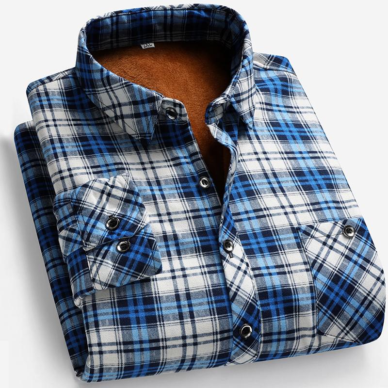 

Autumn Winter Men s Long-sleeved Fleece Shirt Thermal Shirt Plaid Jacket Clothes Men s Streetwear Men Warm Shirts XL