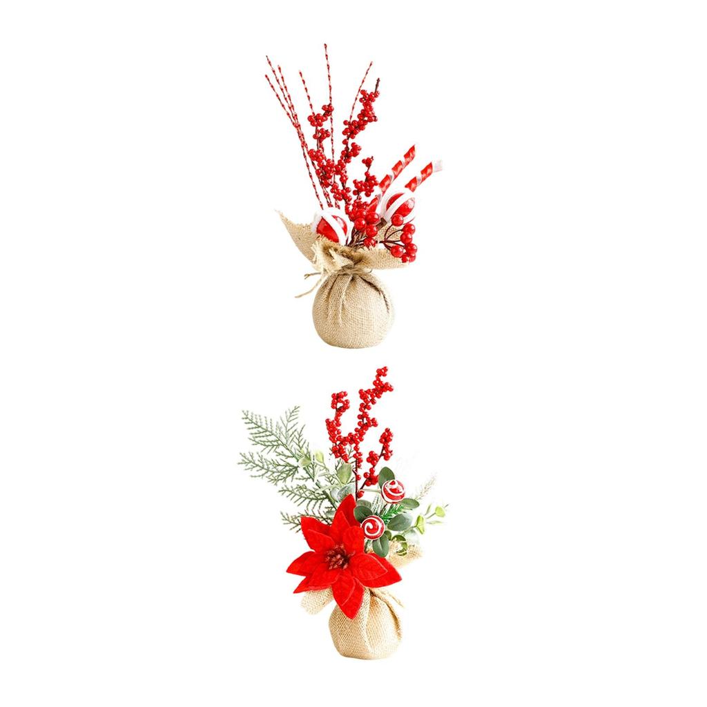 Desktop Xmas Tree Decoration with Red Berries and Burlap Base Mini Christmas Decor for Home Office Party