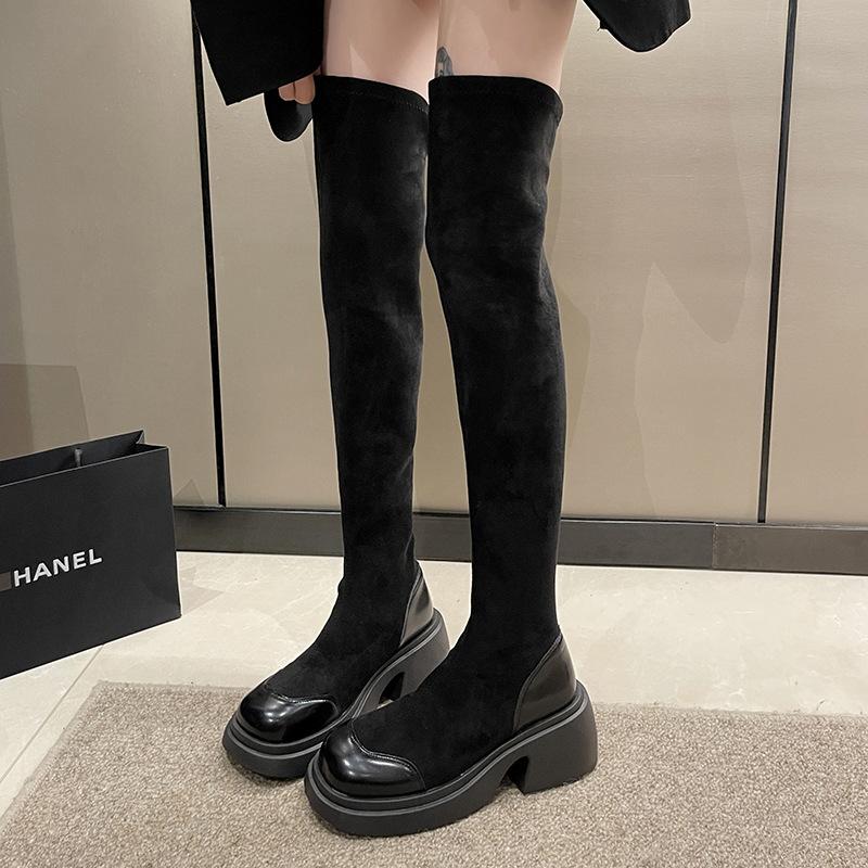 

Ботинки в британском стиле женские 2025 новые осенне-зимние на толстой подошве на высоком каблуке ботинки-носки из эластичной ткани, тонкие и высокие ботфорты 40 чёрный