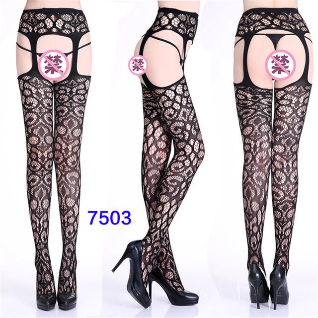 Sexy Lingerie Women's Fishnet Stockings With Garter Belt Summer Thin Lace Patterned Mesh Tights Female Black Suspender Pantyhose