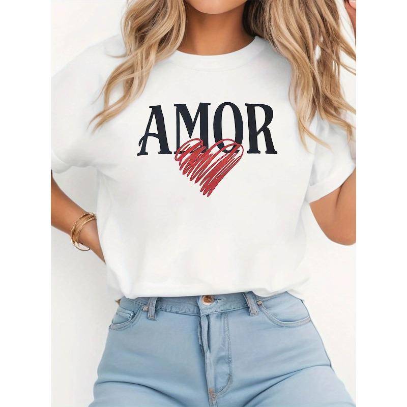 Plus Size - Plus Size - Portuguese AMOR Hand-Painted Heart Pattern Print Plus Size Women S Fashion Casual Round Neck Spring And Summer T-Shirt S белый
