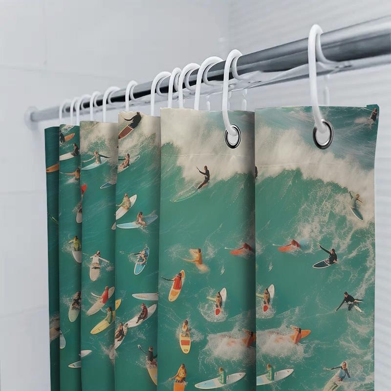 Ocean Wave Shower Curtain Blue Sea Beach Pattern Bathroom Decor Waterproof Fabric Liner Coastal Vibes Home Textile Wall Hanging