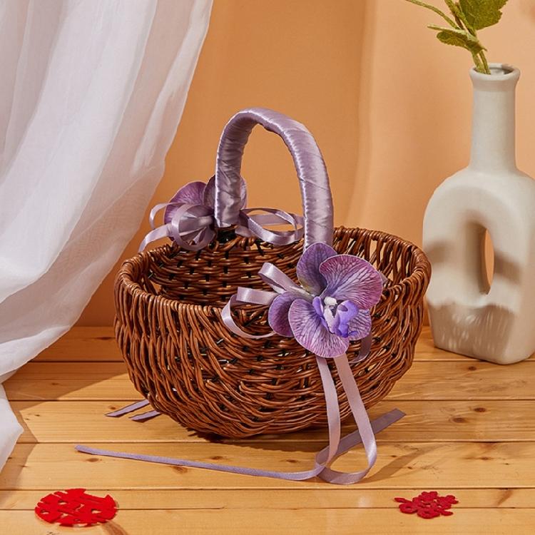 Fashionable Small Wicker Flower Girl Baskets with Pearls Detailing and Ribbon for Wedding Decoration and Candy Storage