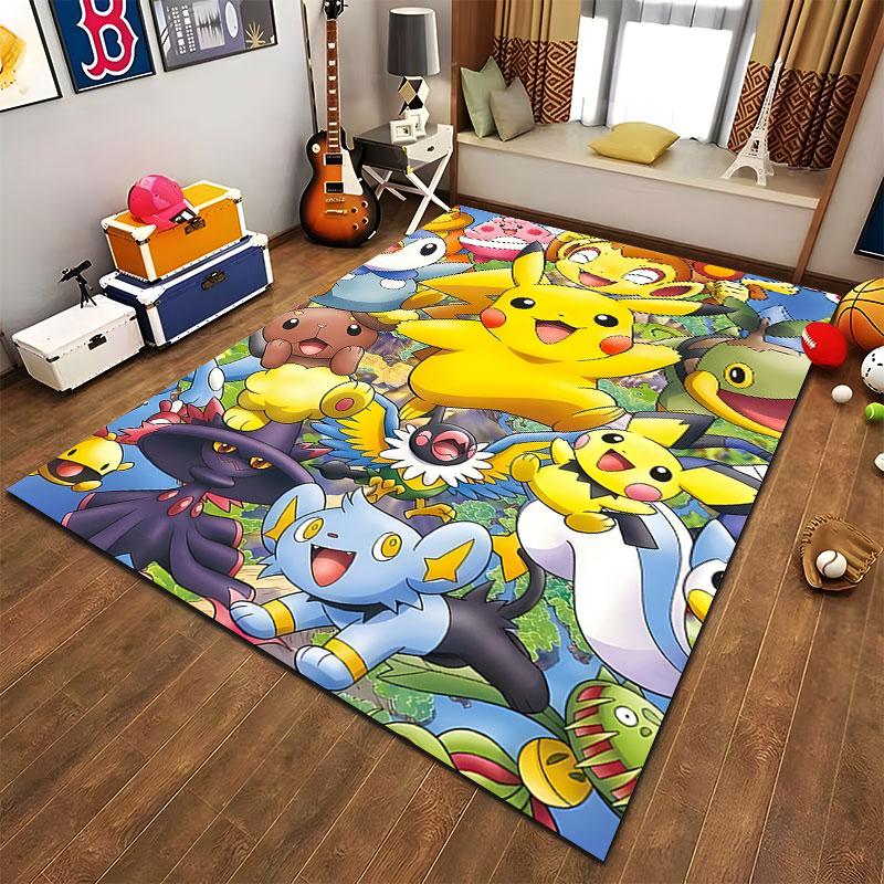 Pikachu Center Surrounded by Many Pokemon Area Rug, Bright Friendship Anime Collage Style Design, Cozy Fan Carpet Decor and All Seasons Gift