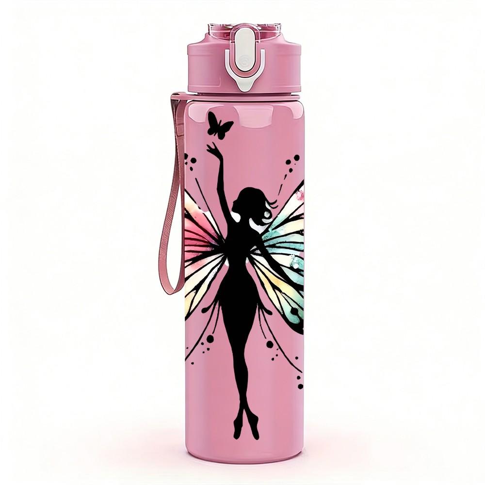1PC Fairy Girl Butterfly Wings Floral Silhouette 750ml Color Plastic Sports Water Bottle Leakproof Flip Straw Lid Suitable for Sports Office Home Use