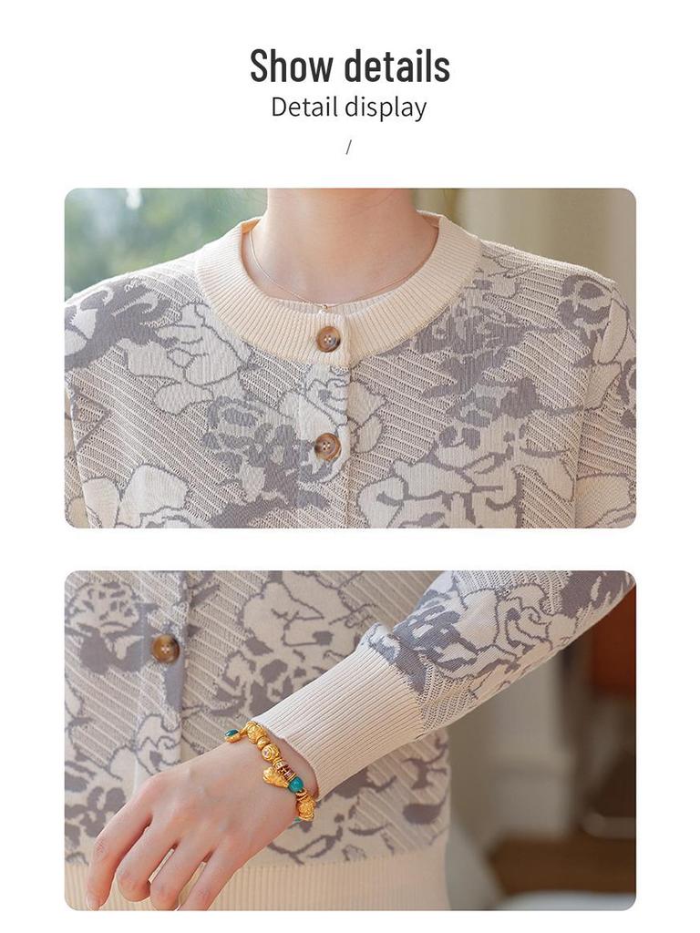Stylish Spring Knit Cardigan Set for Middle-Aged and Elderly Women, Tummy-Covering Slim Fit Top