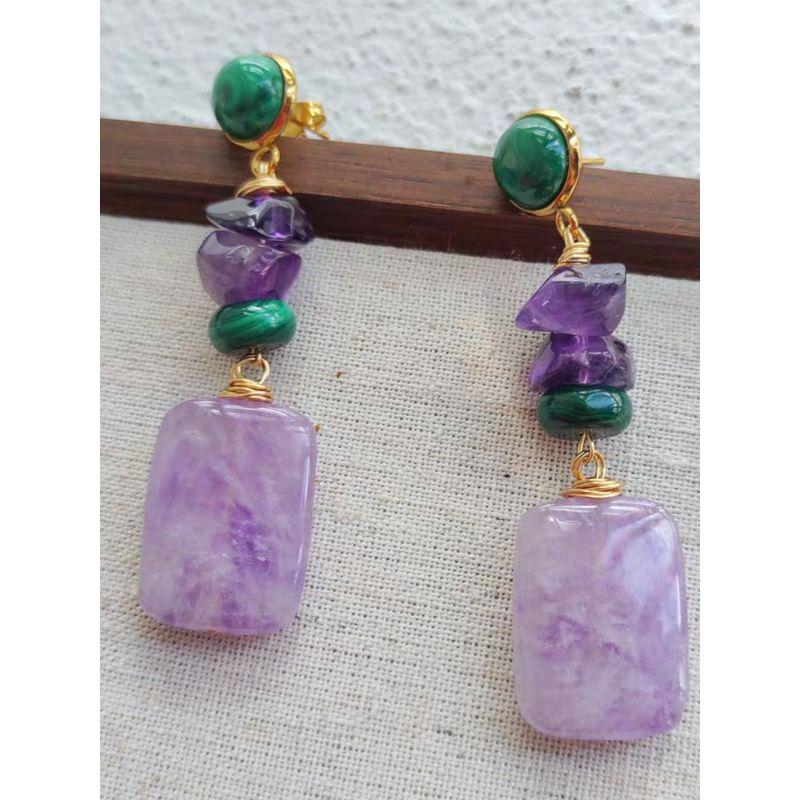 Original Designer European and American Amethyst, Purple Jade, Malachite Original Natural Gemstone Earrings, Handmade Ear Studs and Ear Accessories