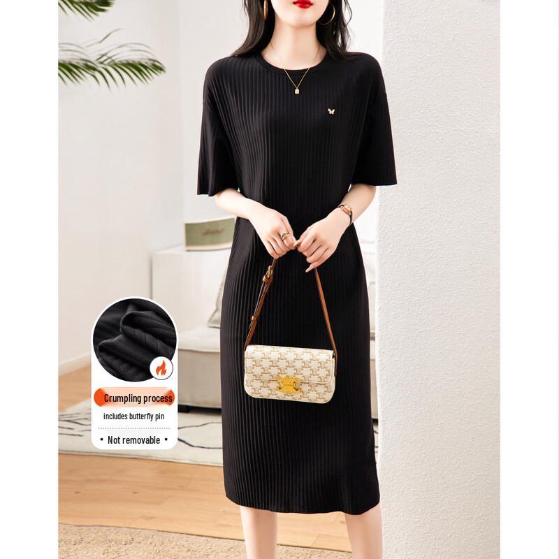 Demana Pleated Round Neck Short Sleeve Mid-Length Straight Dress