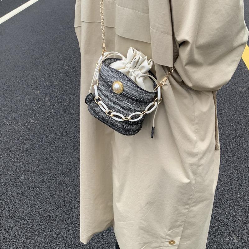 New pearl cute bucket bag diagonal span pearl straw bag cotton woven beach bag mini drawstring bag