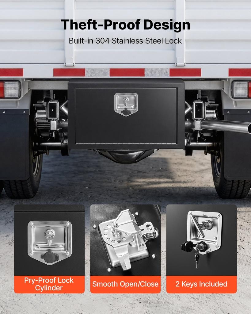 Underbody Truck Tool Box, 609 x 305 x 356 mm Heavy Duty Steel Trailer Storage Box with Lock & Keys, Waterproof Trailer Storage Organizer Under Body