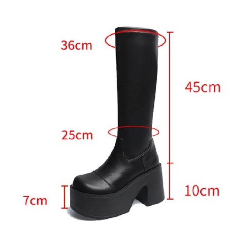 Mode 10CM Absatz Herbst Winter Mode Runde Zehe Plateau Damen High Boots Mode Punk Klobige Dicke Hohe Absätze Lange Stiefeletten