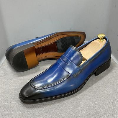 Fashion Classic Big Sizes Men's Penny Loafers Genuine Leather Blue/Brown Handmade Slip-On Business Dress Shoes Male Footwear