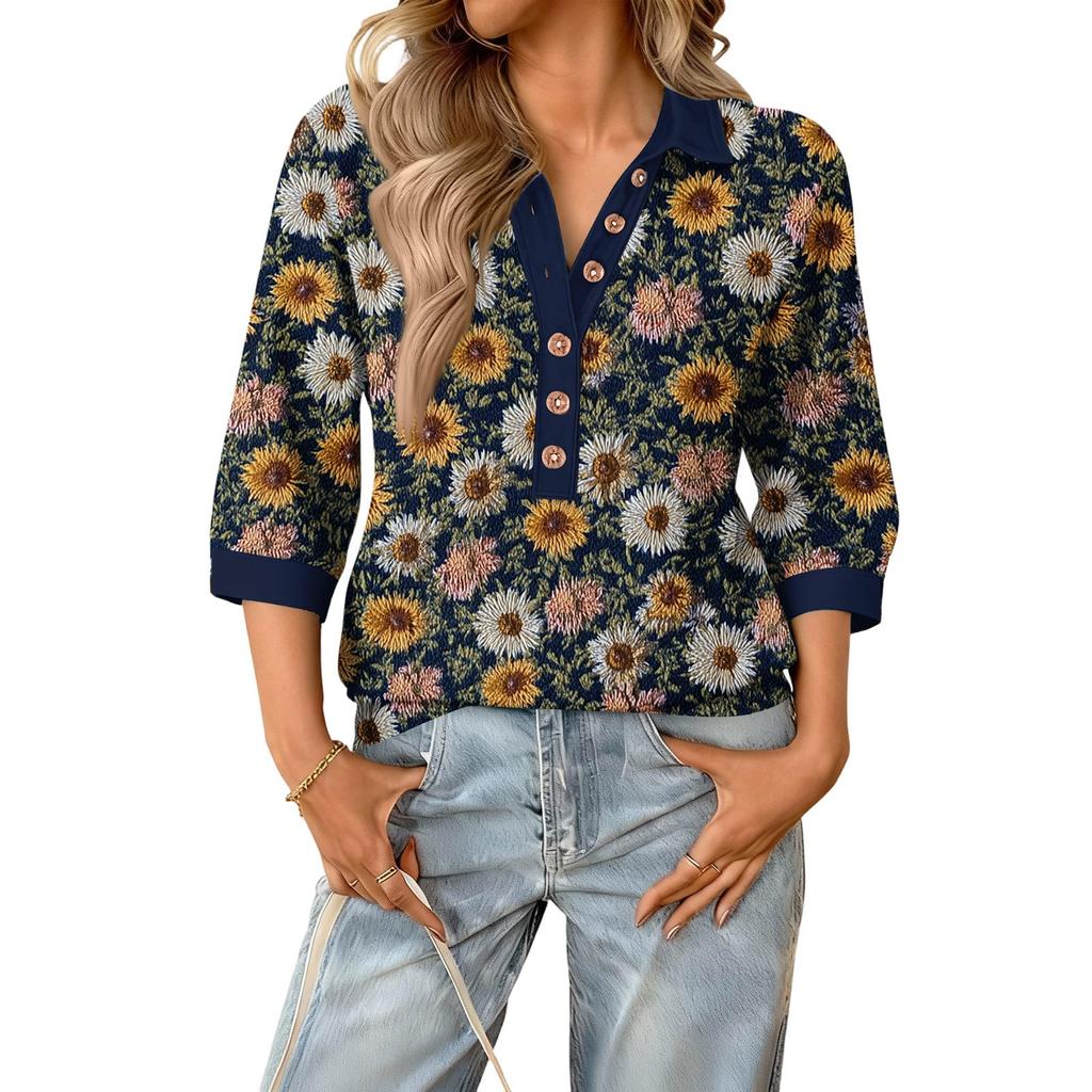 Haut floral d'été à la mode et décontracté pour femmes avec col en V, patchwork et manches trois-quarts