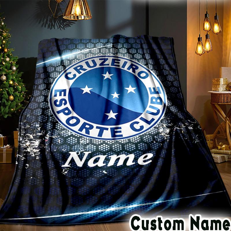 Custom Name Blue Stars Cruzeiro Football Throws Blanket Flannel Blankets for Couch Bed Gifts for Men Women Picnic blanket Christmas fan gifts