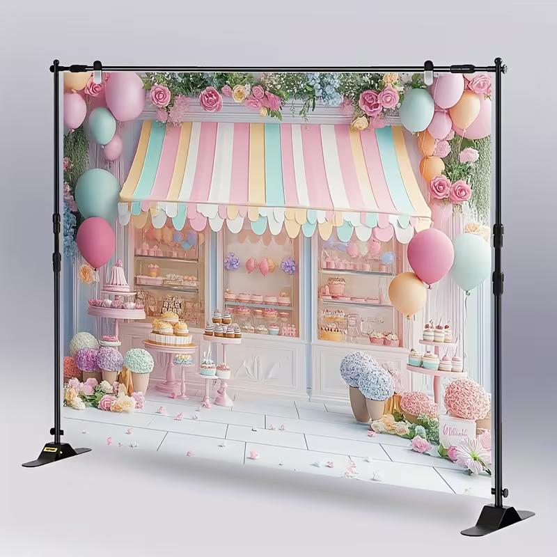 2D Cute Dessert Shop Backdrop, Pastel Macaron Photography Background