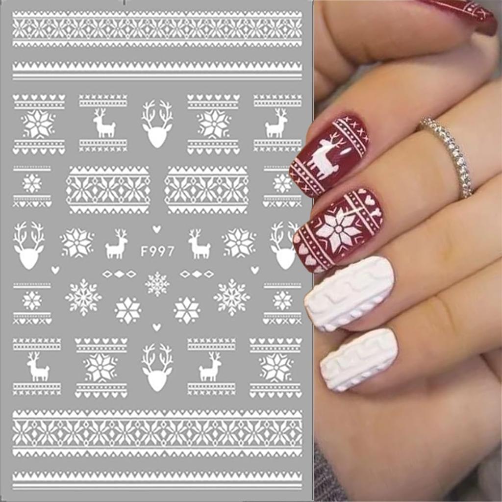 4 Sheets Christmas Nail Stickers for Nail Art 3D Self-Adhesive White Snowflake Nail Art Stickers Winter Xmas Tree Elk Design French Tip Nail Decals
