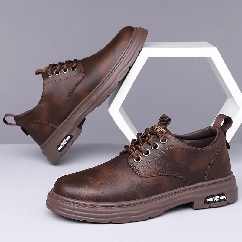 Leather Platform Shoes for Men Fashion Casual New Designer Derby Shoes Male Low Top Work Ankle Boots Men