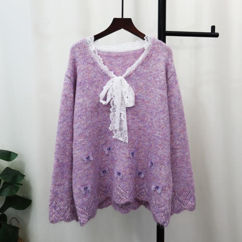 Spring New Splicing Lace Bow Design Sense Sequined Knitted Sweater Top Loose Sweater Pullover Women