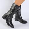 Fashion Women's Solid Color Slip On Knight Boots Autumn Winter Chunky Heel Mid Calf Botas Mujer Buckle Strap PU Leather Motorcycle Boots
