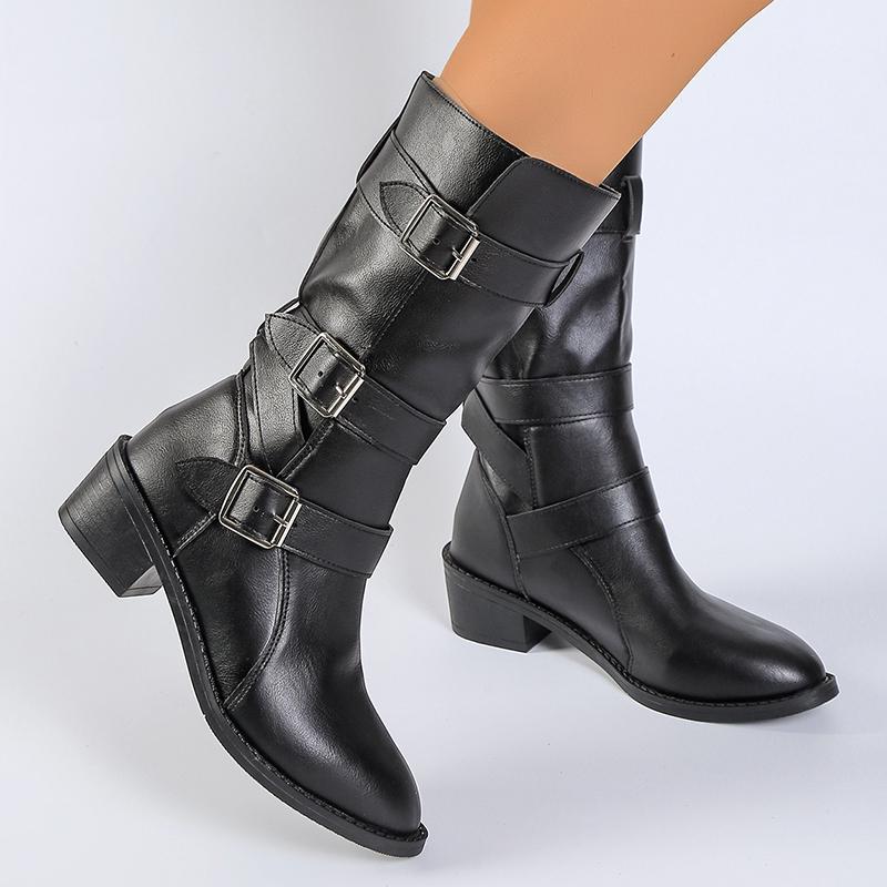 Fashion Women's Solid Color Slip On Knight Boots Autumn Winter Chunky Heel Mid Calf Botas Mujer Buckle Strap PU Leather Motorcycle Boots
