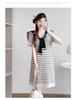 Navy Striped Korean Style Maternity Summer Dress, Casual Loose Fit, Slimming Ice Silk Knit with Hollowed-Out Details
