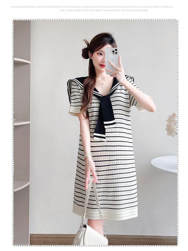 Navy Striped Korean Style Maternity Summer Dress, Casual Loose Fit, Slimming Ice Silk Knit with Hollowed-Out Details