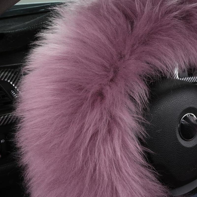 3Pcs Set Fashion Fluffy Fuzzy Wool Fur Soft Car Steering Wheel Cover with Handbrake Cover and Gear Shift Cover for Women Girls