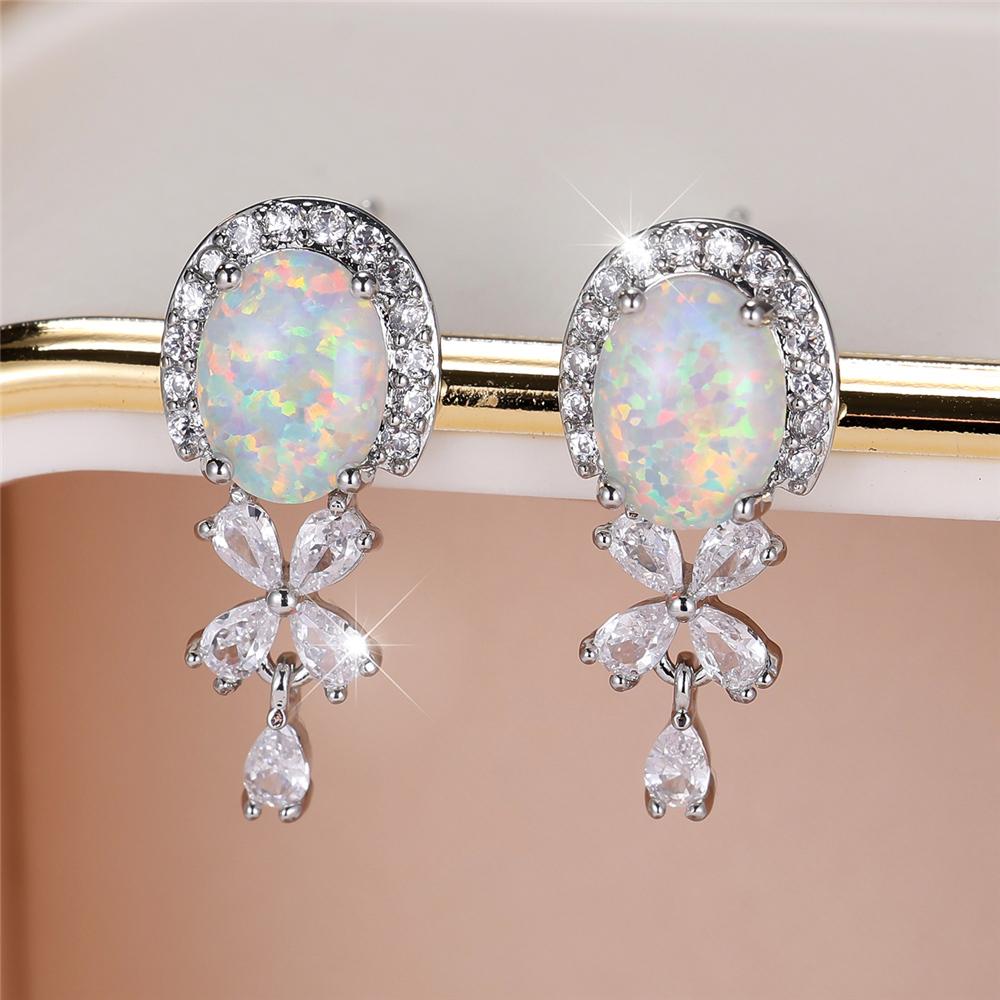 Cute Female White Opal Stone Stud Earrings Silver Color Wedding  For Women