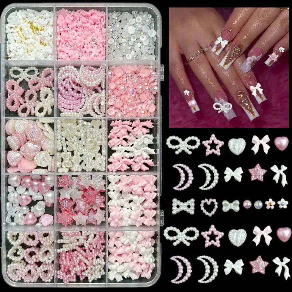 1 Box Pink White Black Resin Flatback Bow Charms 6 Grids 30Pcs For Acrylic Nails Household Salon Manicure Supply