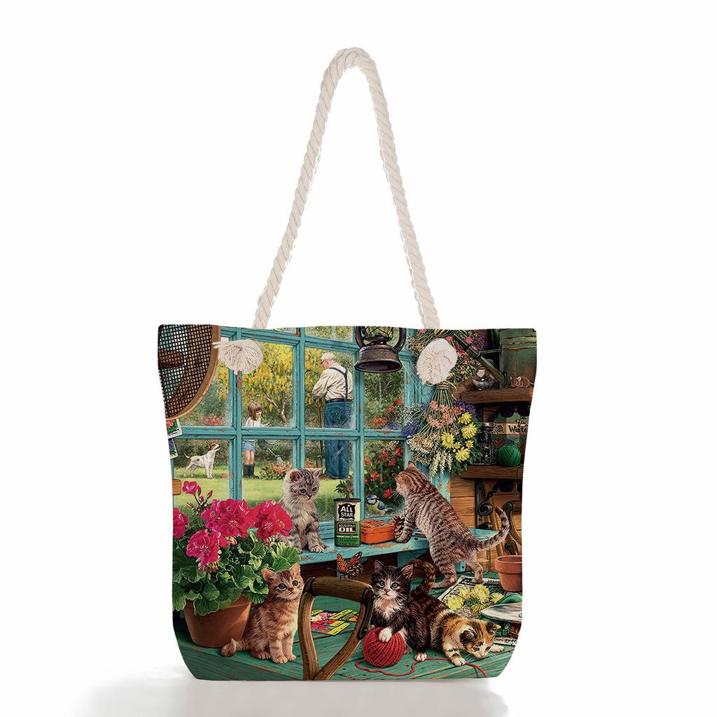 Cute Cat Print Thick Rope Single-shoulder Beach Bag 7211