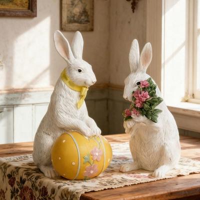 Figurină Mini Iepuraș Ceramic de Paște Ținând Floare Ou Colorat Statuie Iepuraș Decor Ornament pentru Casă Birou Petrecere de Sărbătoare de Primăvară de Paște