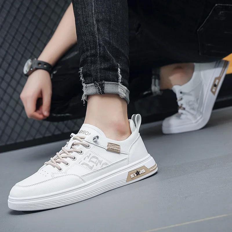 High Quality Men's Trend Versatile White Shoes Soft Bottom Breathable Leather Casual Sneakers for Men 2024 Zapatillas De Hombre