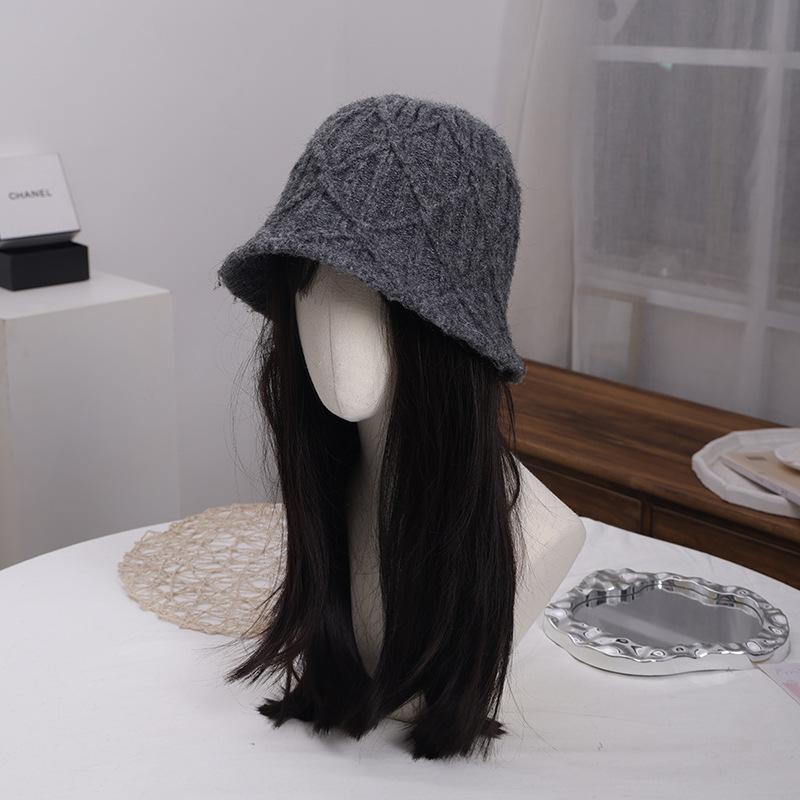 New lazy wind bucket hat women's autumn and winter rhombus knitted hat versatile bag head wool hat cold hat