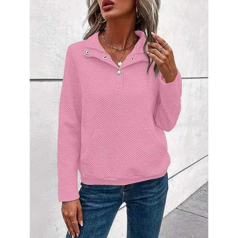 Buttoned Collar Long Sleeve Solid Texture Casual Women S Sweatshirt
