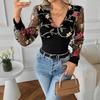 YYFS Women's Fashion Casual Spring Autumn Flower Pattern Print Long Sleeve V-Neck Blouses & Shirts