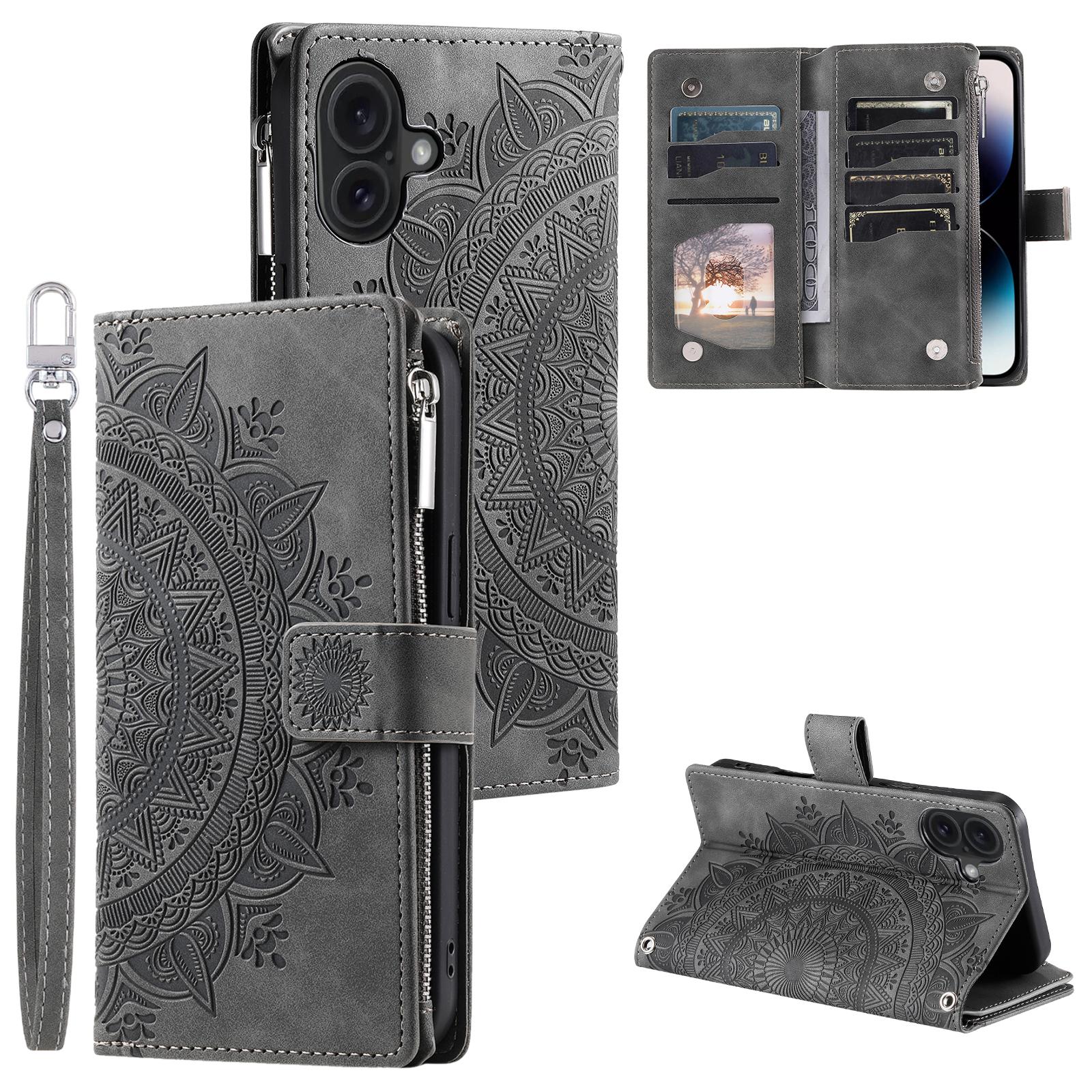 

For iPhone 17 Wallet Case Mandala Flower Pattern PU Leather Phone Cover with Wrist Strap Grey