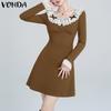 VONDA Women Autumn Lace Round Neck Long Sleeve Dresses