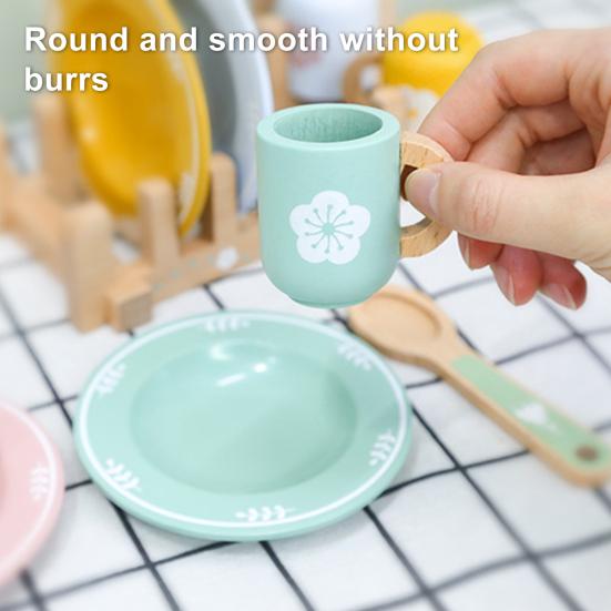 Wooden Kitchen Toy Set for Kids Wood Dinnerware Playset with Plates Cups Cutlery And Holders Simulated Play House Kitchen Pretend Toy Gift