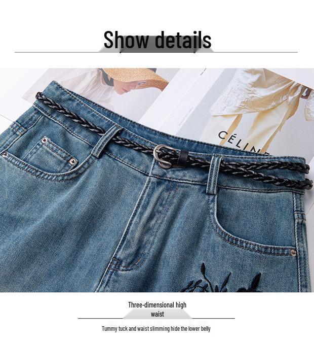 2025 New Retro High-Waist Women's Wide-Leg Denim Shorts with Chinese Embroidery - Summer Style