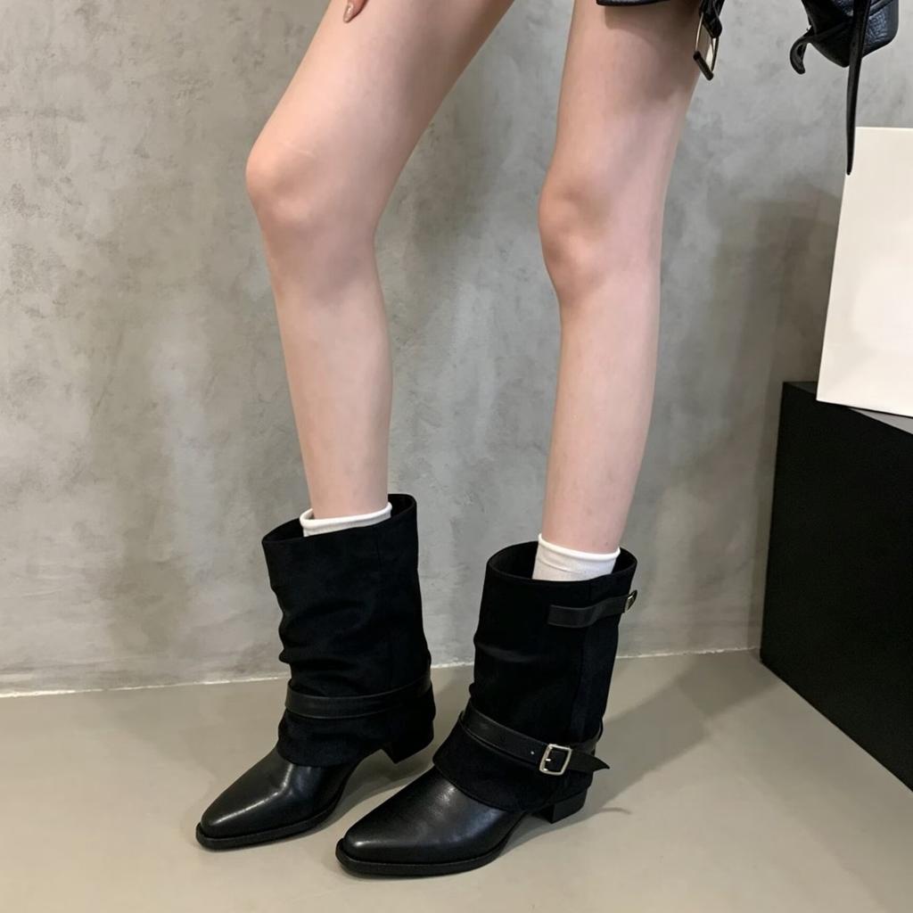 French Retro Style Thick Heel Pointed Belt Buckle Medium Boots Women's New Versatile Thin Trousers Knight Boots