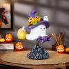 Halloween Ghost Figurine Cute Flying Ghost On Broom with Spring Resin Small Ghost Sculpture Tabletop Decoration for Room Entryway Bookshelf Decor