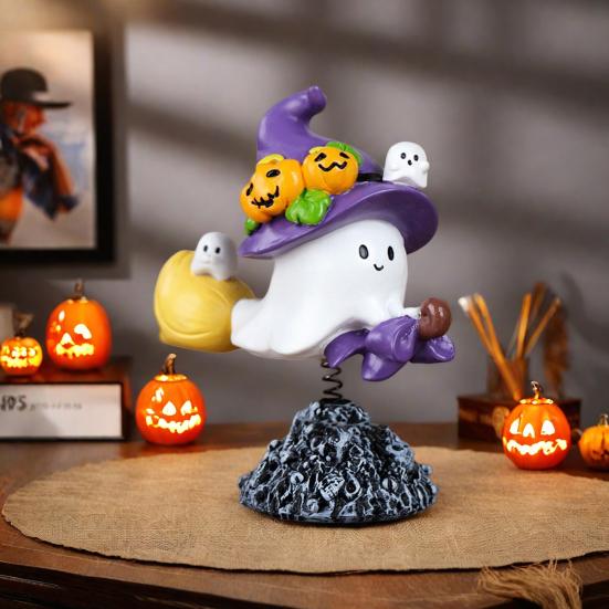 Halloween Ghost Figurine Cute Flying Ghost on Broom with Spring Resin Small Ghost Sculpture Tabletop Decoration for Living Room Entryway Bookshelf