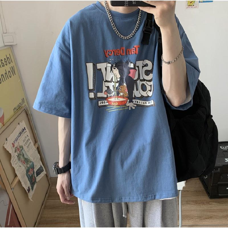 Men Short Sleeve T-Shirts Letter Graphic Print Half Sleeve Tshirts Pullover T-shirt Casual Tee Man Korean Casual Round Neck Retro Tops For