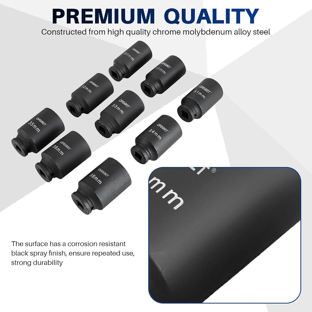 DASBET 1/2" Drive Deep Impact Socket Set 9PCS Axle Nut Impact Socket Set 6 Point 29-38mm Drive Metric Axle Hub Nut Set