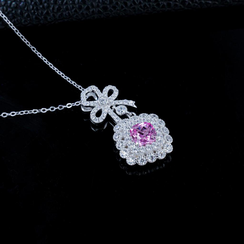 Zhou Hengfu Light Blue Sapphire Pendant with Bowknot In S925 Silver & White Gold Chain