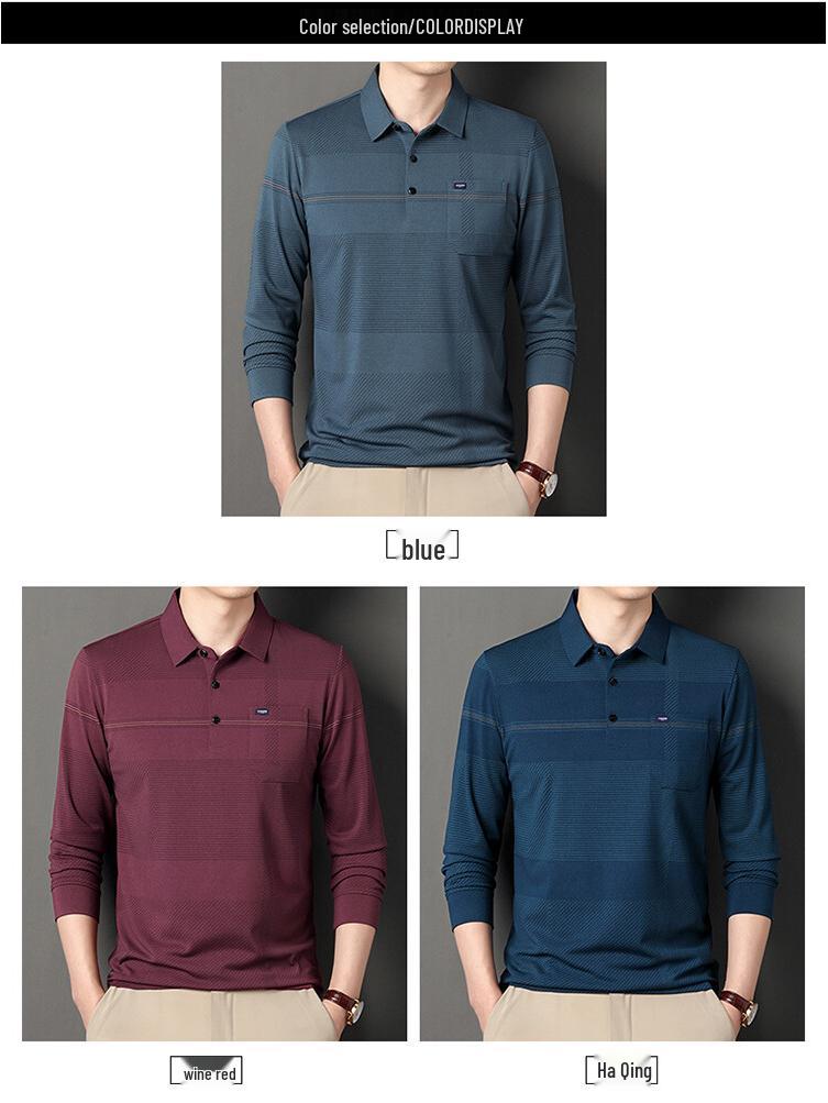 Men's Striped Autumn Cotton Polo - Long Sleeve, Turn-Down Collar, Breathable, Casual Business Shirt