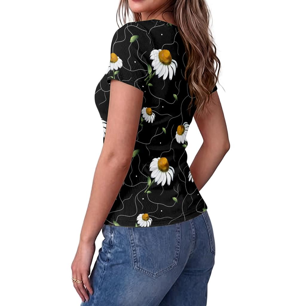 Women Slim Fit Square Neck Short Sleeve Top Vintage Floral Print Stretchy Ribbed Fabric Casual Summer Shirt